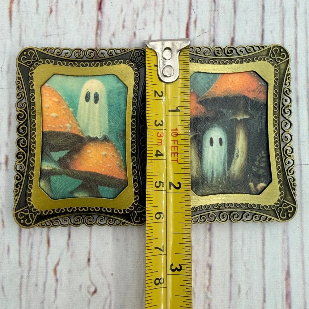 Mini Ghost Mushroom Decoupage Art Prints in Ornate Gold Tone Metal Frames Set 2